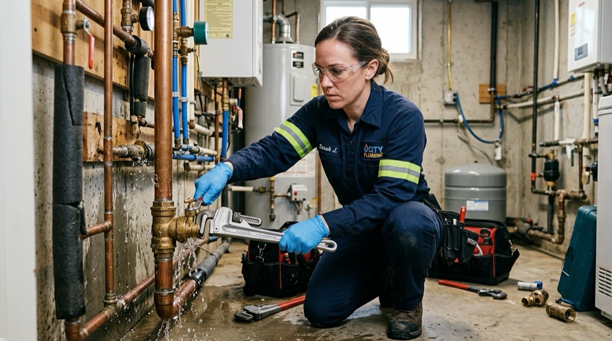 Emergency plumber responding immediately to urgent residential water line rupture and valve failure