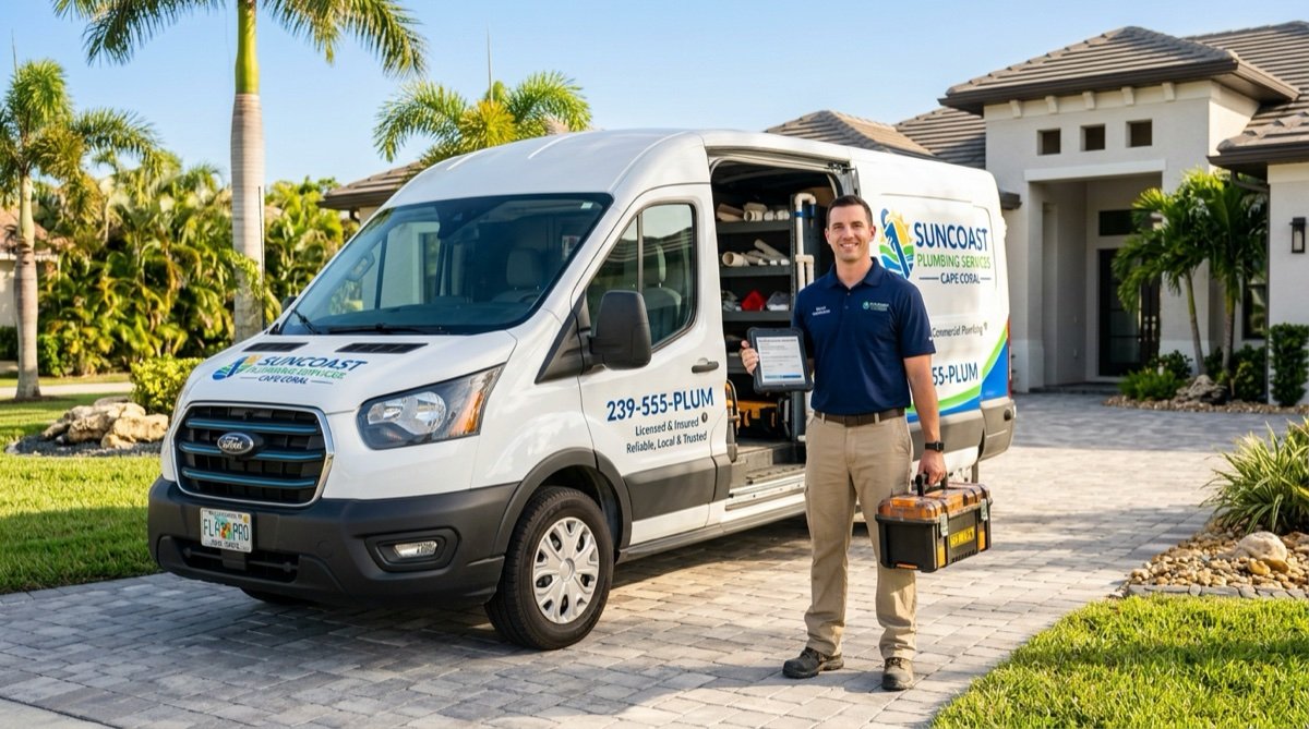 Cape Coral Plumber Expert professional service vehicle and courteous technician in a Florida neighborhood